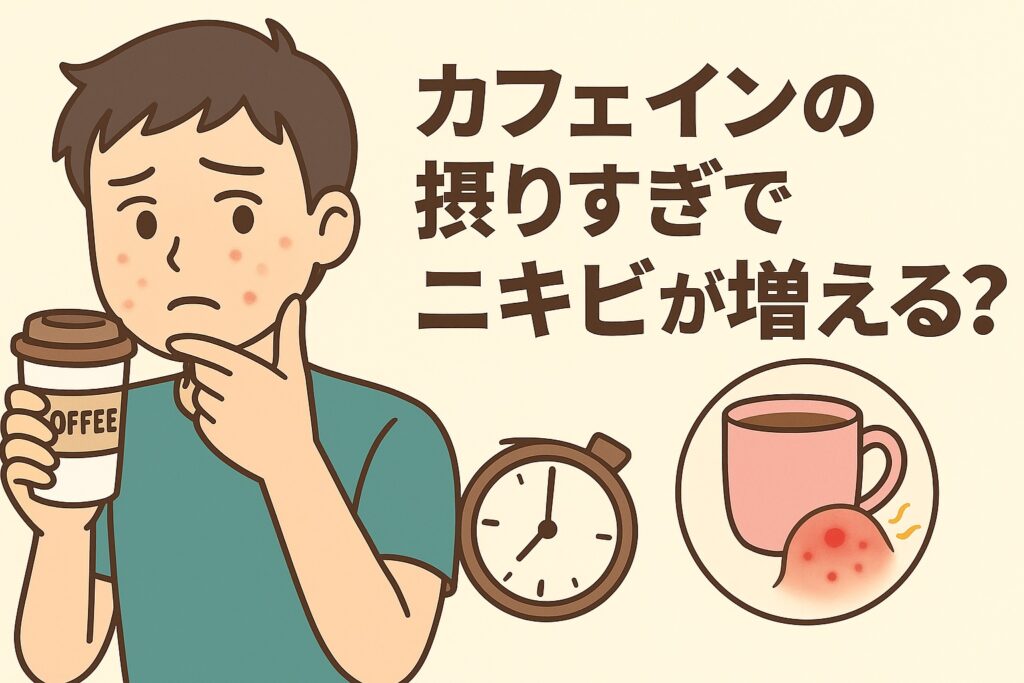 カフェインの摂りすぎによるニキビ悪化をテーマにしたイラスト。緑色の服を着た男性がコーヒーカップを手に持ち、顎のニキビを気にしている。右下の円には赤く炎症したニキビとコーヒーカップが描かれ、ホルモンバランスや血糖値の乱れを示唆。テキストには「カフェインの摂りすぎでニキビが増える？」と書かれている。