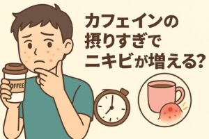 カフェインの摂りすぎによるニキビ悪化をテーマにしたイラスト。緑色の服を着た男性がコーヒーカップを手に持ち、顎のニキビを気にしている。右下の円には赤く炎症したニキビとコーヒーカップが描かれ、ホルモンバランスや血糖値の乱れを示唆。テキストには「カフェインの摂りすぎでニキビが増える？」と書かれている。