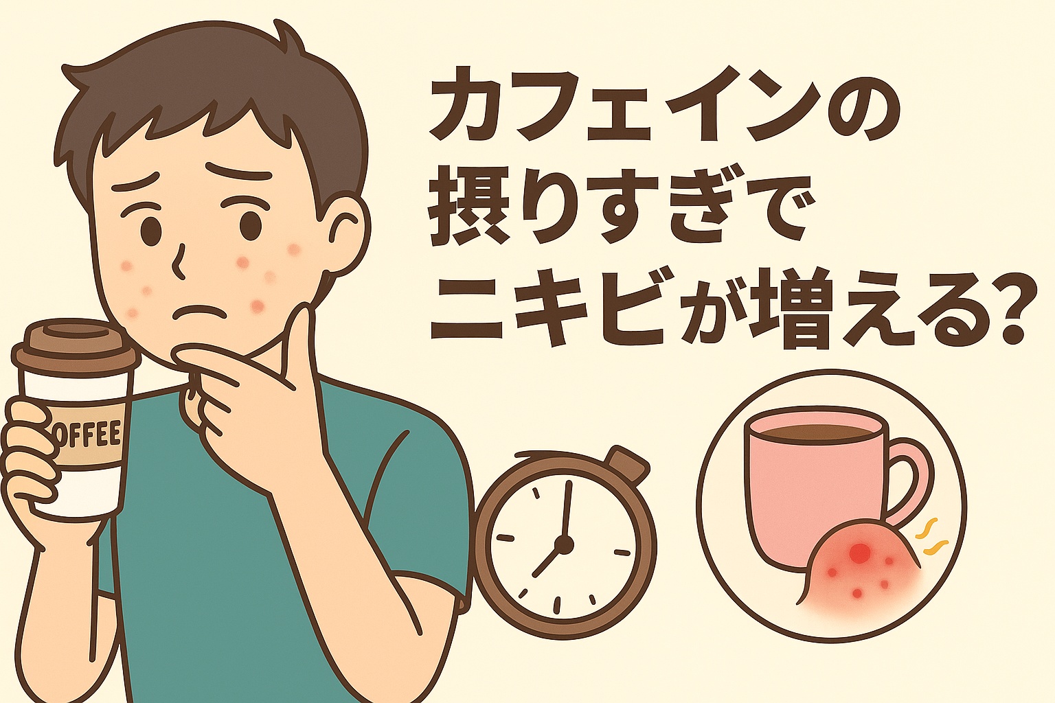カフェインの摂りすぎによるニキビ悪化をテーマにしたイラスト。緑色の服を着た男性がコーヒーカップを手に持ち、顎のニキビを気にしている。右下の円には赤く炎症したニキビとコーヒーカップが描かれ、ホルモンバランスや血糖値の乱れを示唆。テキストには「カフェインの摂りすぎでニキビが増える?」と書かれている。