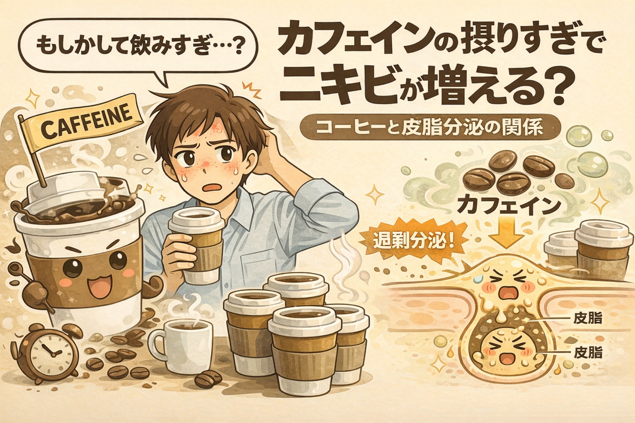 カフェインの摂りすぎでニキビが増えるのかを解説したイラスト。コーヒーを何杯も飲んで悩む男性と、カフェインが皮脂分泌を刺激し毛穴内で皮脂が過剰になる様子を、擬人化キャラクターと毛穴断面図で表現。コーヒーと皮脂分泌の関係を視覚的に示している。