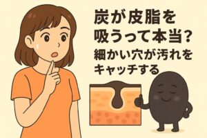 「炭が皮脂を吸うって本当？──細かい穴が汚れをキャッチする」を説明するイラスト。 左側には炭の吸着作用に驚く女性、右側には皮膚断面図と、汚れをキャッチして得意げな表情の炭キャラクターが描かれている。 炭の多孔質構造（細かい穴）が毛穴汚れを吸着しやすい仕組みを視覚的に示した図。