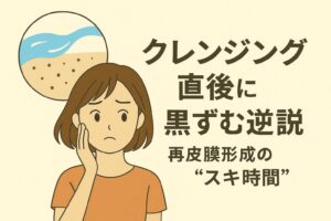 「クレンジング直後に黒ずむ逆説──再皮膜形成の“スキ時間”」を説明するイラスト。 左側にはクレンジング後に黒ずみが悪化したように見えて不安になる女性。 上部の丸い図では、クレンジングで皮脂膜が一時的に取り除かれ、無防備になった肌表面に汚れや空気中の粒子が付着しやすい状態が描かれている。 皮脂膜が再形成されるまでの“スキ時間”が黒ずみを招きやすいメカニズムを示した構成。