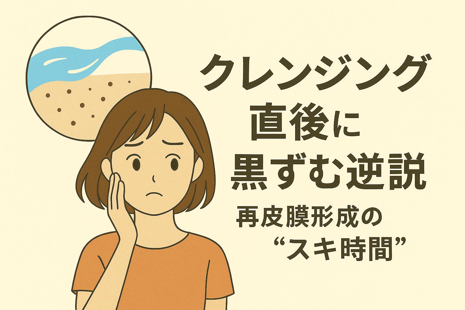 「クレンジング直後に黒ずむ逆説──再皮膜形成の“スキ時間”」を説明するイラスト。 左側にはクレンジング後に黒ずみが悪化したように見えて不安になる女性。 上部の丸い図では、クレンジングで皮脂膜が一時的に取り除かれ、無防備になった肌表面に汚れや空気中の粒子が付着しやすい状態が描かれている。 皮脂膜が再形成されるまでの“スキ時間”が黒ずみを招きやすいメカニズムを示した構成。
