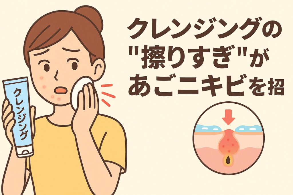 クレンジング時の擦りすぎによるニキビ悪化をテーマにしたイラスト。黄色い服の女性がクレンジング剤を手に持ち、コットンで顔をこすりながら驚いた表情をしている。右下の毛穴断面図では、摩擦によって炎症を起こす様子が描かれ、テキストには「クレンジングの“擦りすぎ”があごニキビを招く」と書かれている。