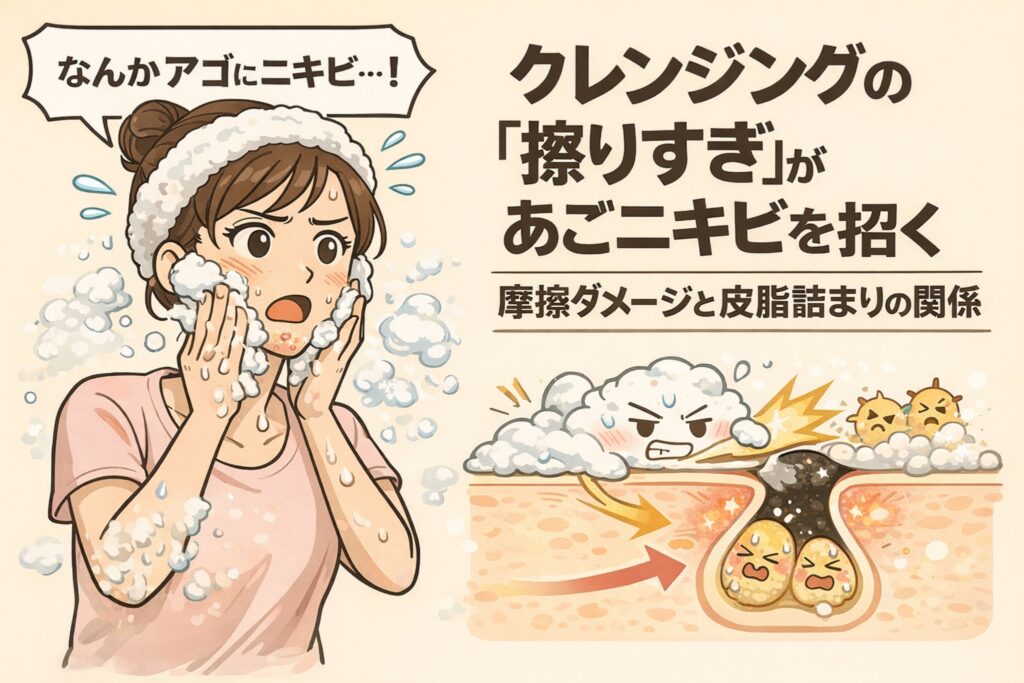 クレンジング時の「擦りすぎ」があごニキビを招く仕組みを解説したイラスト。強い摩擦による角層ダメージと皮脂の滞留が、毛穴詰まりや炎症につながる流れを、洗顔シーンと毛穴断面図で示している。