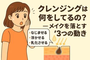 「クレンジングは何をしてるの？──メイクを落とす“3つの動き”」を説明するイラスト。左側にはクレンジングの働きに驚く女性。右側の皮膚断面図の上には油滴のアイコンが描かれ、クレンジングがメイクを“なじませる・浮かせる・乳化させる”3段階のプロセスで落としていることを示している。