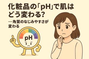 「化粧品の『pH』で肌はどう変わる？──角質のなじみやすさが変わる」を説明するイラスト。 左側にはpHメーターを擬人化したキャラクターが描かれ、右側には化粧品のpHによる肌への影響を心配する女性。 中央のメッセージでは、化粧品のpHバランスが角質の状態やなじみやすさを左右し、肌の反応が変わることを示している。