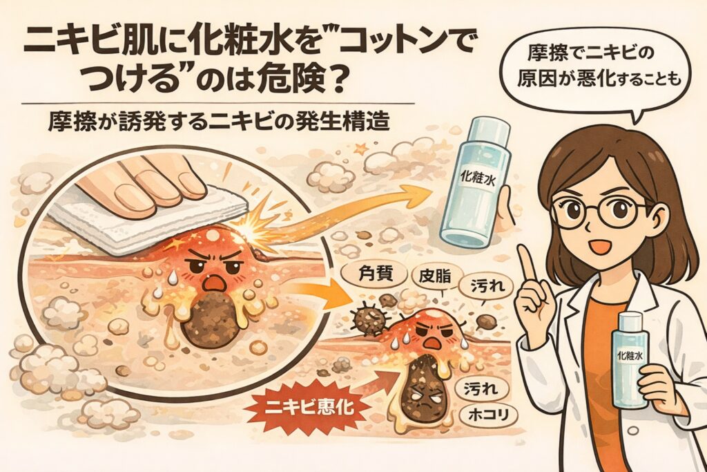 ニキビ肌に化粧水をコットンでつけることのリスクを解説する図解イラスト。コットンによる摩擦が角質を傷つけ、皮脂や汚れが混ざってニキビが悪化する構造を、毛穴断面図と白衣の女性の説明で示している。