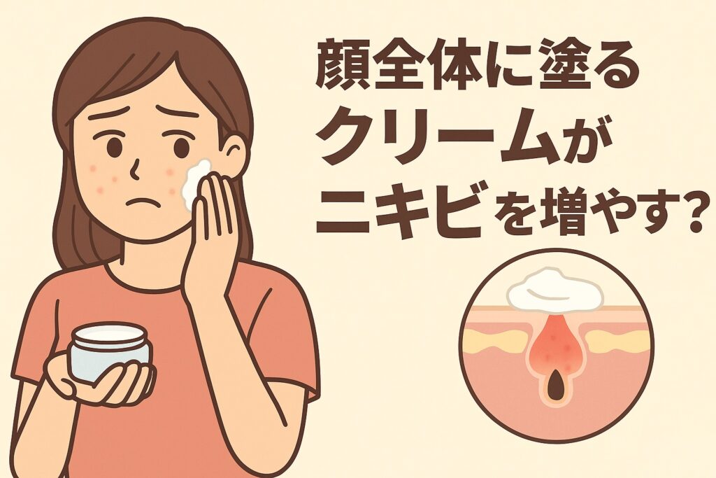 顔全体にクリームを塗ることでニキビが増えるリスクを描いたイラスト。ピンクの服の女性がクリームを頬に塗りながら心配そうにしている。右下の毛穴断面図には、クリームが毛穴を覆って炎症を起こしている様子が描かれており、テキストには「顔全体に塗るクリームがニキビを増やす？」と書かれている。