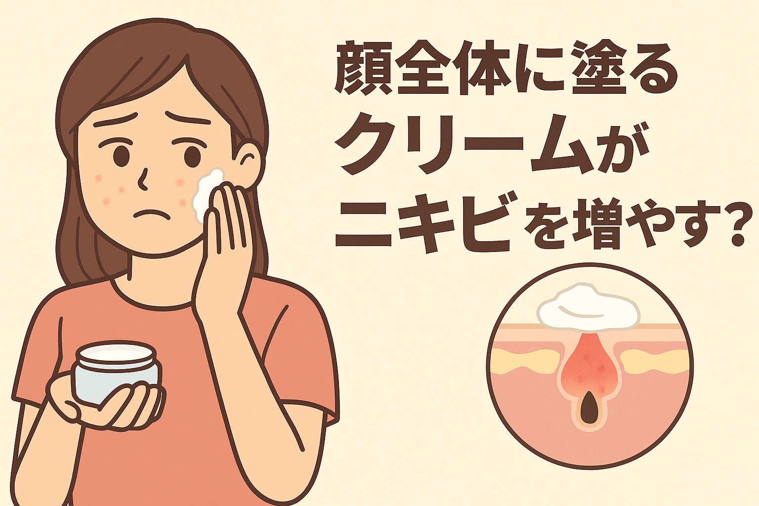 顔全体にクリームを塗ることでニキビが増えるリスクを描いたイラスト。ピンクの服の女性がクリームを頬に塗りながら心配そうにしている。右下の毛穴断面図には、クリームが毛穴を覆って炎症を起こしている様子が描かれており、テキストには「顔全体に塗るクリームがニキビを増やす？」と書かれている。
