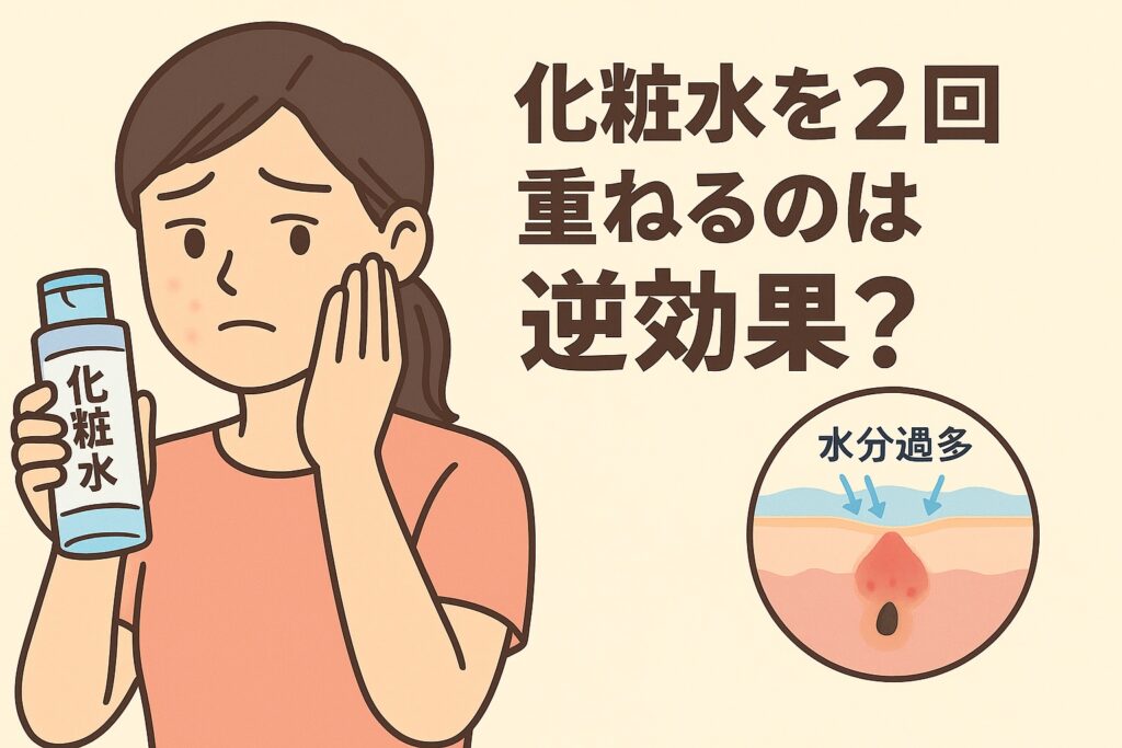 化粧水を重ねすぎることによる肌トラブルをテーマにしたイラスト。ピンクの服の女性が化粧水ボトルを手に持ち、頬のニキビを気にしている。右下の毛穴断面図には「水分過多」と書かれ、水分の与えすぎによって毛穴がふさがり炎症を起こす様子が描かれている。テキストには「化粧水を2回重ねるのは逆効果？」と記載されている。