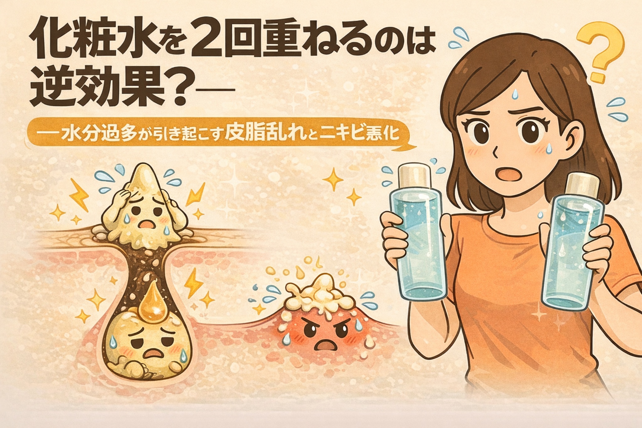 化粧水を2回重ねることが逆効果になる可能性を解説したイラスト。化粧水を両手に持って悩む女性と、水分過多によって皮脂分泌が乱れ、毛穴内で皮脂や角栓トラブルが起きる様子を毛穴断面図で表現し、過剰な保湿がニキビ悪化につながる仕組みを示している。