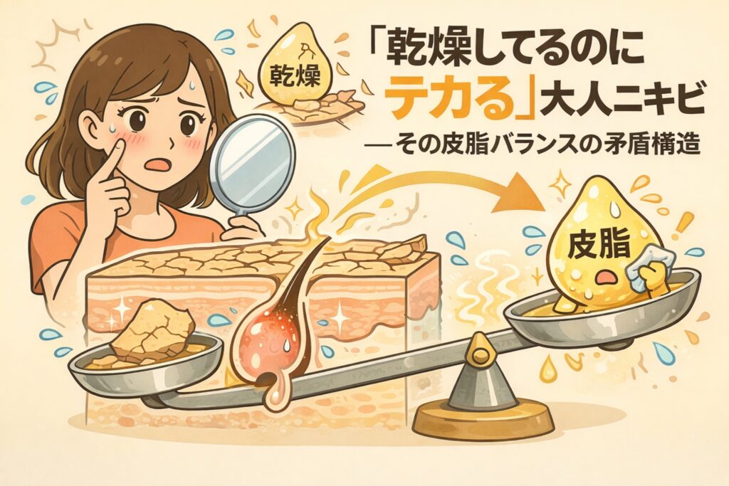 「乾燥しているのにテカる」大人ニキビの原因を皮脂バランスの矛盾構造から解説するイラスト。鏡を持って頬を確認する女性と、乾燥した角質と過剰な皮脂が天秤で対比されている。肌内部の水分不足が皮脂分泌を招き、結果としてテカリやニキビにつながる仕組みを視覚的に示している。