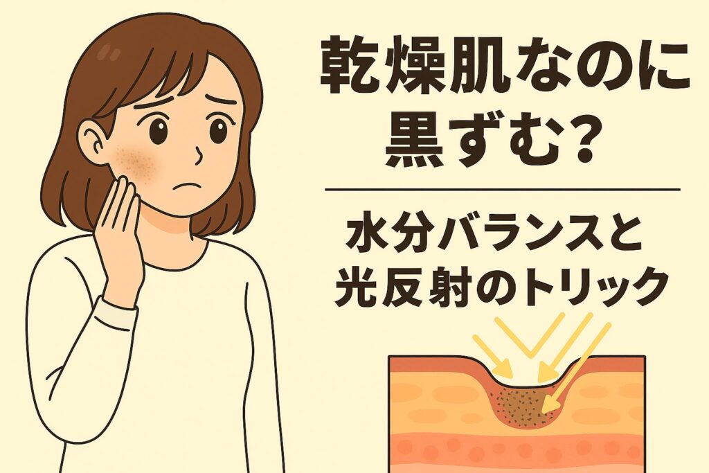 「乾燥肌なのに黒ずむ？──水分バランスと光反射のトリック」を説明するイラスト。 左側には頬の黒ずみを気にする女性。 右下の皮膚断面図では、乾燥で角層が乱れ、光が散乱して毛穴の影が濃く見える仕組みが矢印で示されている。 水分不足による肌表面の凹凸が、毛穴周りの黒ずみを強調して見せることを視覚的に説明した構成。