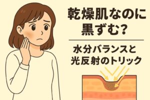 「乾燥肌なのに黒ずむ？──水分バランスと光反射のトリック」を説明するイラスト。 左側には頬の黒ずみを気にする女性。 右下の皮膚断面図では、乾燥で角層が乱れ、光が散乱して毛穴の影が濃く見える仕組みが矢印で示されている。 水分不足による肌表面の凹凸が、毛穴周りの黒ずみを強調して見せることを視覚的に説明した構成。