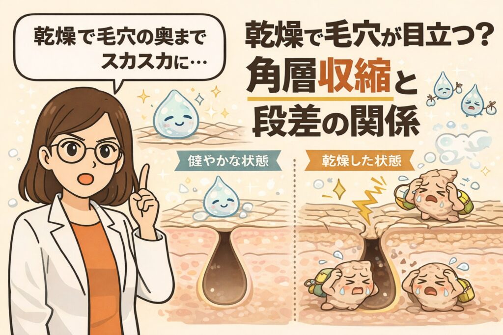 乾燥によって毛穴が目立つ理由を「角層収縮」と「段差」の関係から解説した図解イラスト。健やかな状態では角層がなめらかで毛穴の縁が目立たない一方、乾燥した状態では角層が縮んで段差が生じ、毛穴の奥まで影が落ちて目立つ様子を、左右比較の毛穴断面と擬人化キャラクターで表現している。白衣の専門家が説明する構図で、乾燥ケアの重要性を視覚的に示している。