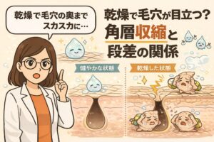乾燥によって毛穴が目立つ理由を「角層収縮」と「段差」の関係から解説した図解イラスト。健やかな状態では角層がなめらかで毛穴の縁が目立たない一方、乾燥した状態では角層が縮んで段差が生じ、毛穴の奥まで影が落ちて目立つ様子を、左右比較の毛穴断面と擬人化キャラクターで表現している。白衣の専門家が説明する構図で、乾燥ケアの重要性を視覚的に示している。