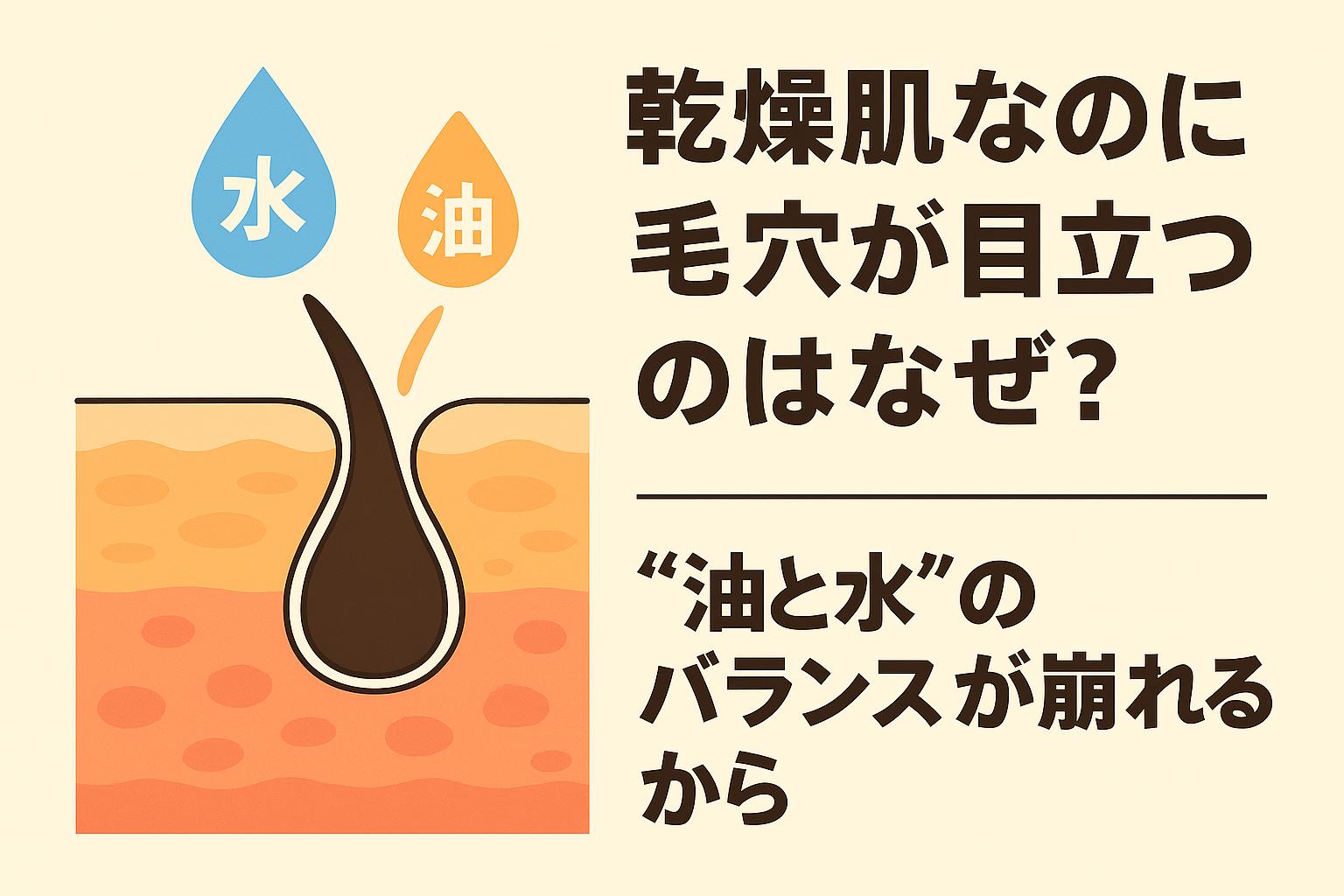 「乾燥肌なのに毛穴が目立つのはなぜ？──“油と水”のバランスが崩れるから」を説明するイラスト。左側の皮膚断面図には、乾燥状態でも皮脂が余分に分泌され、毛穴が強調されやすくなっている様子が描かれている。上には“水”と“油”を象徴する水滴アイコンと油滴アイコンが配置され、水分不足と皮脂過多のアンバランスが毛穴の見え方に影響することを示している。