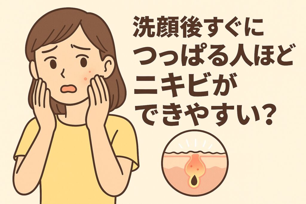洗顔後につっぱる人の肌状態をテーマにしたイラスト。黄色の服を着た女性が頬のニキビを気にして不安そうにしている。右下の毛穴断面図では乾燥による皮脂分泌過多と詰まりが描かれ、炎症の様子が示されている。テキストには「洗顔後すぐにつっぱる人ほどニキビができやすい？」と書かれている。