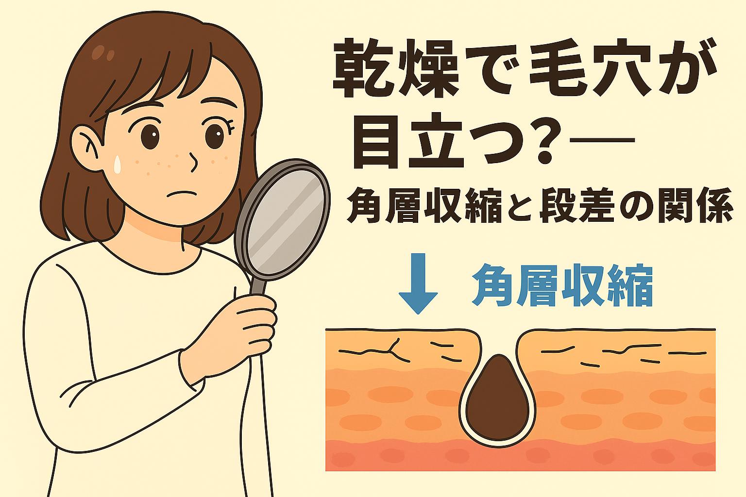 「乾燥で毛穴が目立つ？──角層収縮と段差の関係」を説明するイラスト。左側には鏡を持ちながら自分の肌の乾燥と毛穴の目立ちを心配する女性。右側には皮膚断面図が描かれ、乾燥によって角層が縮み、毛穴のまわりに段差ができて影が強調される様子が示されている。乾燥による角層収縮が毛穴を目立たせる仕組みを視覚化した図。
