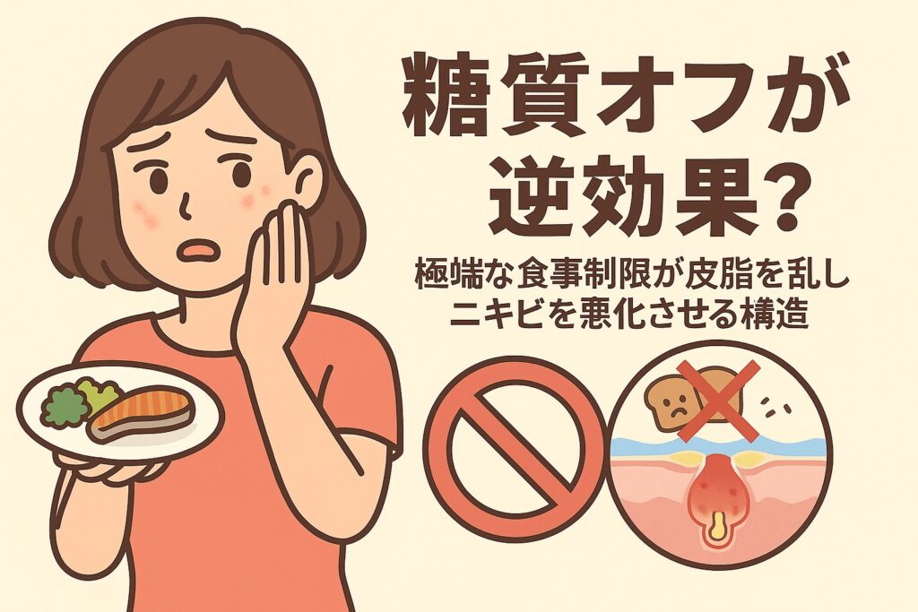 極端な糖質オフがニキビを悪化させる仕組みを描いたイラスト。ピンクの服の女性が頬のニキビを気にしながら、魚と野菜だけのプレートを持っている。右下の毛穴断面図にはパンが禁止マークで示され、「皮脂の乱れ」とともに炎症したニキビが描かれている。テキストには「糖質オフが逆効果？極端な食事制限が皮脂を乱しニキビを悪化させる構造」と書かれている。