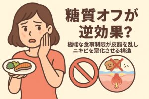 極端な糖質オフがニキビを悪化させる仕組みを描いたイラスト。ピンクの服の女性が頬のニキビを気にしながら、魚と野菜だけのプレートを持っている。右下の毛穴断面図にはパンが禁止マークで示され、「皮脂の乱れ」とともに炎症したニキビが描かれている。テキストには「糖質オフが逆効果？極端な食事制限が皮脂を乱しニキビを悪化させる構造」と書かれている。