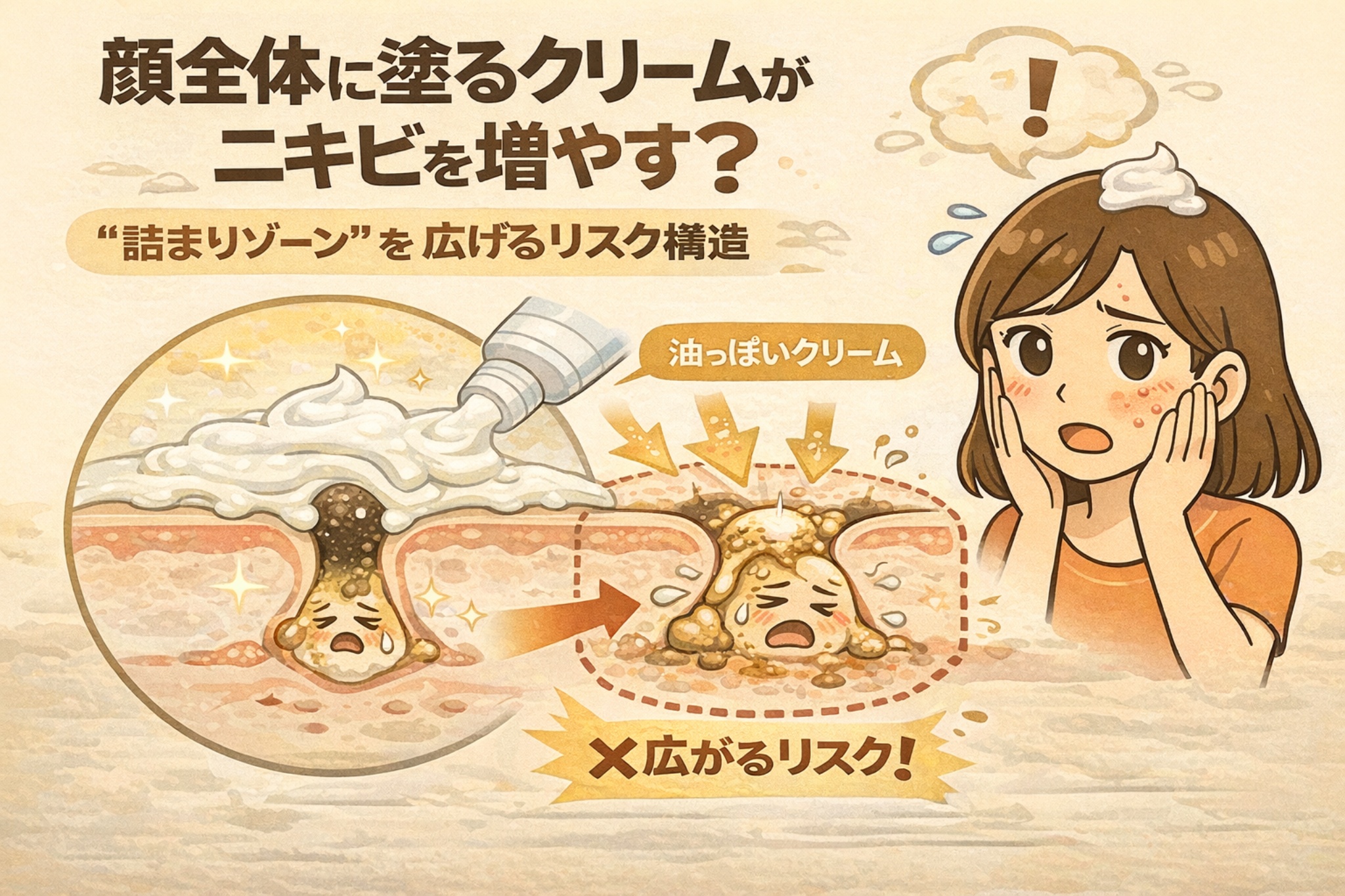 顔全体に塗るクリームがニキビを増やすリスクを解説したイラスト。油分の多いクリームが毛穴を覆い、詰まりゾーンを周囲に広げてニキビが悪化・拡大する構造を、毛穴断面図で表現している。クリームを塗って驚く女性の表情とともに、「詰まりゾーンを広げるリスク」という視点から、顔全体塗りによる注意点を分かりやすく示している。