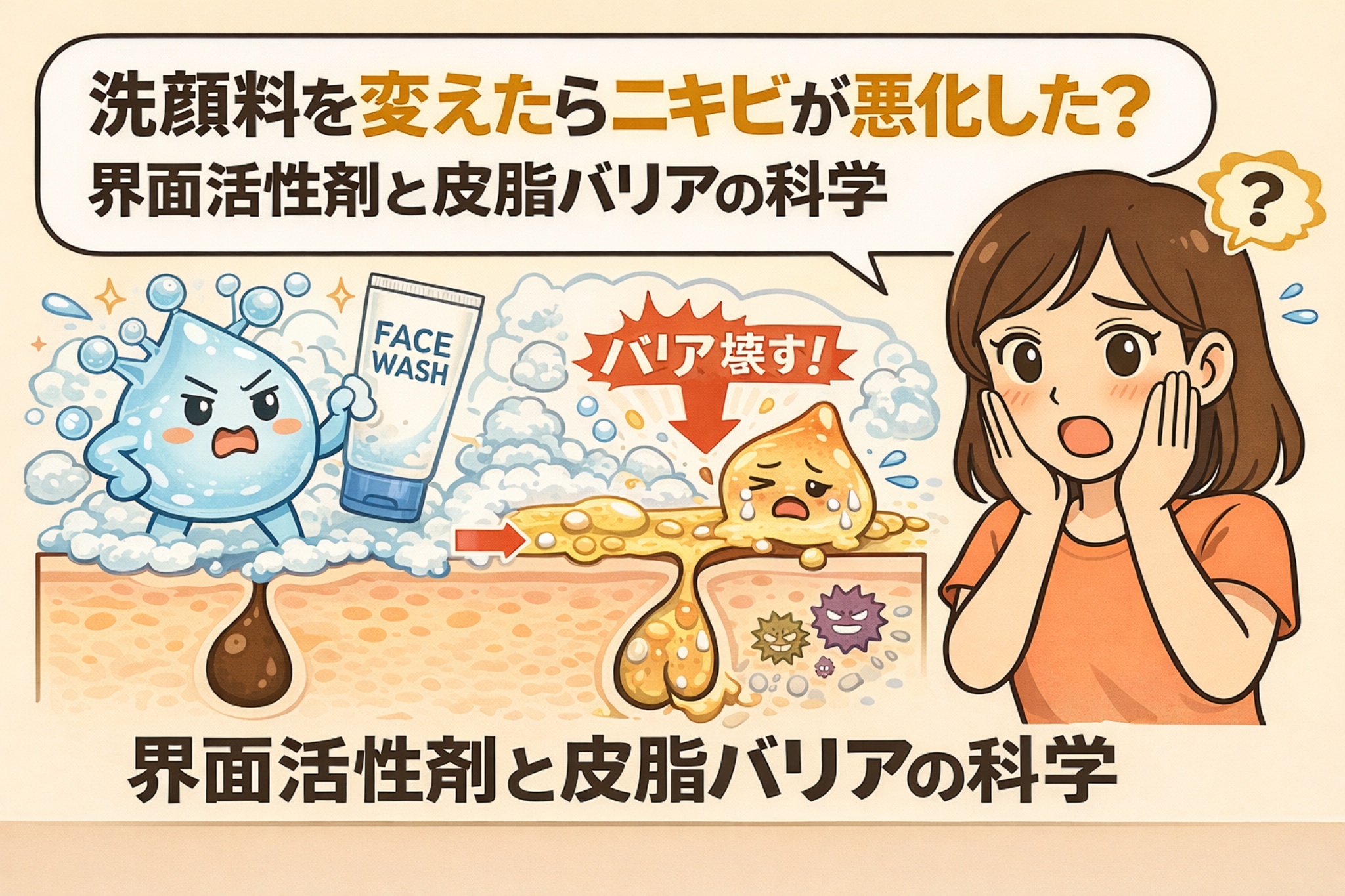 洗顔料を変えたことでニキビが悪化する仕組みを解説したイラスト。界面活性剤を擬人化した洗顔料が皮脂を過剰に落とし、皮脂バリアが壊れて毛穴から皮脂が流出・炎症につながる様子を、毛穴断面図とともに表現している。洗顔後に驚く女性の表情を通して、「界面活性剤と皮脂バリアの科学」を分かりやすく示している。
