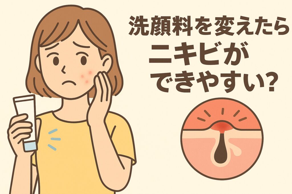 洗顔料を変えた後にニキビができる原因をテーマにしたイラスト。黄色い服の女性が不安そうな表情で頬のニキビを気にしており、手には洗顔料のチューブを持っている。右下の毛穴断面図には炎症を起こした毛穴が描かれ、洗浄成分の変化によるバリア機能の乱れを示している。テキストには「洗顔料を変えたらニキビができやすい？」と書かれている。