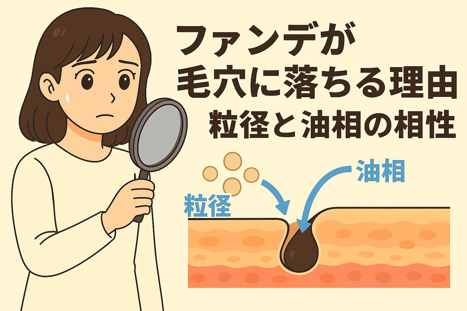 「ファンデが毛穴に落ちる理由──粒径と油相の相性」を説明するイラスト。左側には鏡を持って毛穴落ちを心配する女性。右側には皮膚断面図が描かれ、ファンデーションの粒子（粒径）が毛穴に入り込みやすい様子と、皮脂（油相）に引き寄せられるように沈み込む仕組みを矢印で示している。化粧が毛穴に落ちてしまう物理的・化学的要因を視覚的に表現した図。
