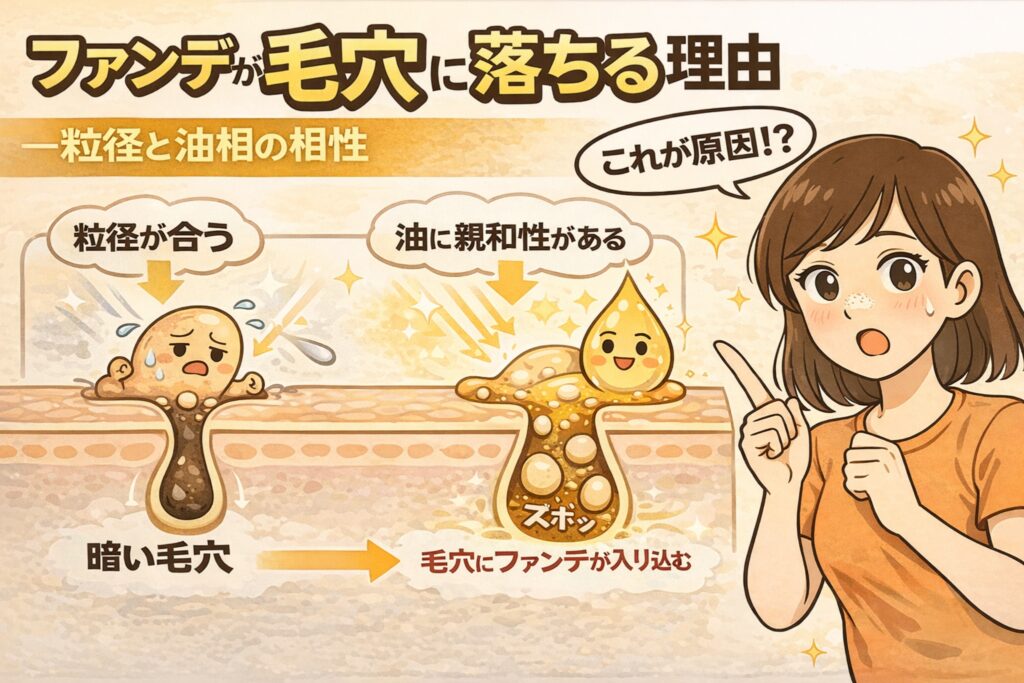 ファンデーションが毛穴に落ちる理由を解説するイラスト。粒径が毛穴サイズに合い、皮脂と油相の親和性が高いことで、ファンデーションが毛穴内部に入り込む仕組みを毛穴断面図で表現。暗く見える毛穴と、ファンデが入り込んだ状態の対比を通して、毛穴落ちの原因を視覚的に説明している。