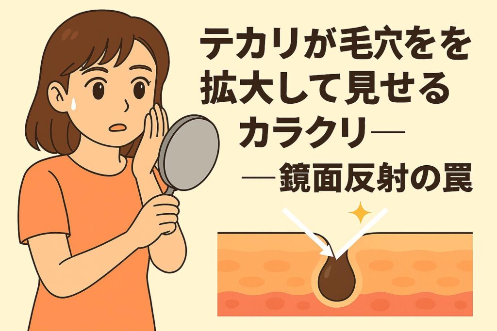 「テカリが毛穴を拡大して見せるカラクリ──鏡面反射の罠」をテーマにしたイラスト。女性が鏡を持って自分の顔のテカリを心配そうに見つめている。右下には皮膚断面図があり、光が反射して毛穴が大きく見える仕組みを矢印で示している。皮脂のテカリによる光の反射が毛穴を強調して見せる視覚的錯覚を説明した図。