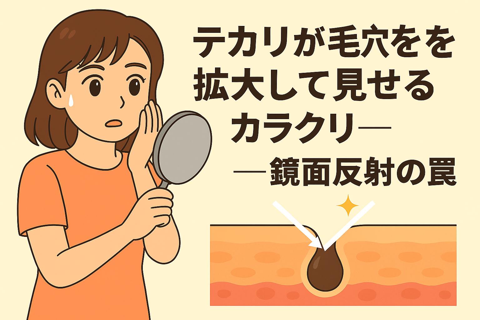 「テカリが毛穴を拡大して見せるカラクリ──鏡面反射の罠」をテーマにしたイラスト。女性が鏡を持って自分の顔のテカリを心配そうに見つめている。右下には皮膚断面図があり、光が反射して毛穴が大きく見える仕組みを矢印で示している。皮脂のテカリによる光の反射が毛穴を強調して見せる視覚的錯覚を説明した図。