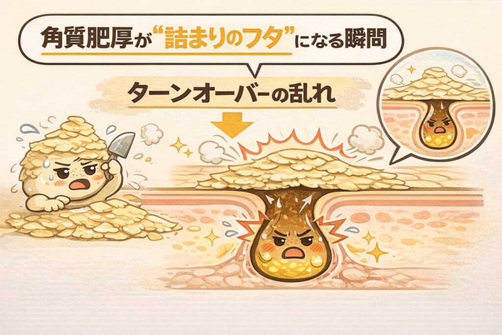 角質肥厚が「毛穴詰まりのフタ」になる瞬間を解説するイラスト。ターンオーバーの乱れによって古い角質が蓄積し、毛穴の出口を覆って皮脂の排出を妨げる様子を、毛穴断面図と擬人化キャラクターで表現。角質の山が崩れ、毛穴内部に圧がかかる構造的な詰まりのメカニズムを視覚的に示している。