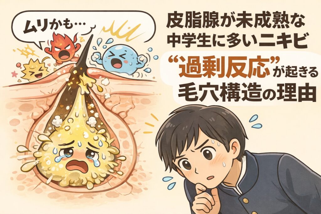 皮脂腺が未成熟な中学生に多いニキビの構造を解説するイラスト。毛穴断面では、わずかな刺激や皮脂に対して毛穴内部が「過剰反応」を起こし、炎症や詰まりにつながる様子が擬人化されて描かれている。横にはニキビに悩む男子中学生が不安そうに肌を気にする姿が配置されている。