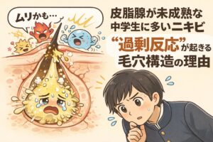 皮脂腺が未成熟な中学生に多いニキビの構造を解説するイラスト。毛穴断面では、わずかな刺激や皮脂に対して毛穴内部が「過剰反応」を起こし、炎症や詰まりにつながる様子が擬人化されて描かれている。横にはニキビに悩む男子中学生が不安そうに肌を気にする姿が配置されている。
