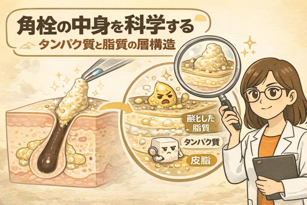 角栓の中身を科学的に解説したイラスト。角栓がタンパク質（角質）と皮脂の層構造から成り、皮脂が酸化して固まりやすくなる様子を、毛穴断面と拡大図で示している。白衣の女性が拡大鏡を使って構造を説明する構図。