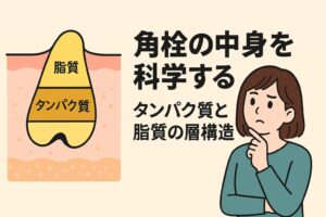 角栓の構造を科学的に解説するイラスト。左側には毛穴断面図が描かれ、角栓内部が「脂質」「タンパク質」の2層構造で示されている。右側では青緑の服を着た女性が顎に手を当てて考えている。テキストには「角栓の中身を科学する タンパク質と脂質の層構造」と書かれている。