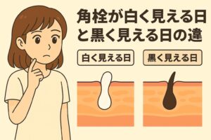 「角栓が白く見える日と黒く見える日の違い」を説明するイラスト。 左側には鏡を見ながら鼻のポツポツの色の違いに疑問を持つ女性。 右側には“白く見える日”と“黒く見える日”の2種類の皮膚断面図が並び、白い角栓（皮脂が酸化していない状態）と黒い角栓（酸化が進んだ状態）の視覚的な違いが示されている。