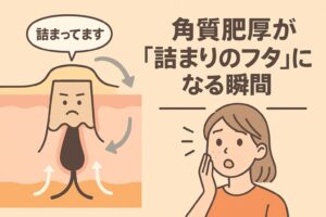 「角質肥厚が“詰まりのフタ”になる瞬間」を説明する日本語イラスト。左側に皮膚断面図が描かれ、毛穴の上で角質がフタのように詰まっている様子をキャラクター化。「詰まってます」と吹き出しがあり、右側では女性が頬を押さえて驚いた表情をしている。毛穴詰まり・角質肥厚の構造をわかりやすく表現した解説図。