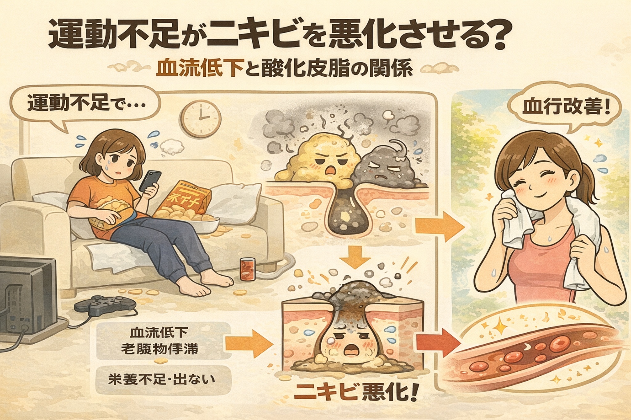 運動不足が血流を低下させ、酸化皮脂の排出が滞ることでニキビが悪化する流れを解説したイラスト。ソファでスマホや間食をしながら過ごす女性と、血流低下により毛穴内に老廃物や酸化皮脂が溜まる断面図を対比。右側では運動による血行改善で肌状態が整う様子が描かれている。