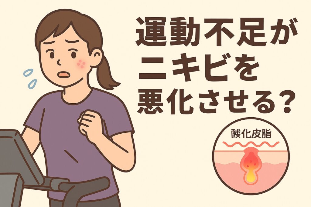 運動不足がニキビを悪化させる可能性をテーマにしたイラスト。紫の服を着た女性がトレッドミルを使って走りながら頬のニキビを気にしている。右下の毛穴断面図には「酸化皮脂」と書かれ、運動不足による血行不良や皮脂の酸化が炎症を引き起こす様子が描かれている。テキストには「運動不足がニキビを悪化させる？」と書かれている。