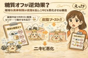 極端な糖質オフが皮脂分泌を乱し、ニキビを悪化させる可能性を解説するイラスト。糖質を制限しすぎることで体が代わりに脂質を使おうとし、皮脂が過剰に分泌される流れを毛穴断面図で表現。チェックリストを持って驚く女性と、皮脂ブーストによってニキビが悪化する構造が分かりやすく描かれている。