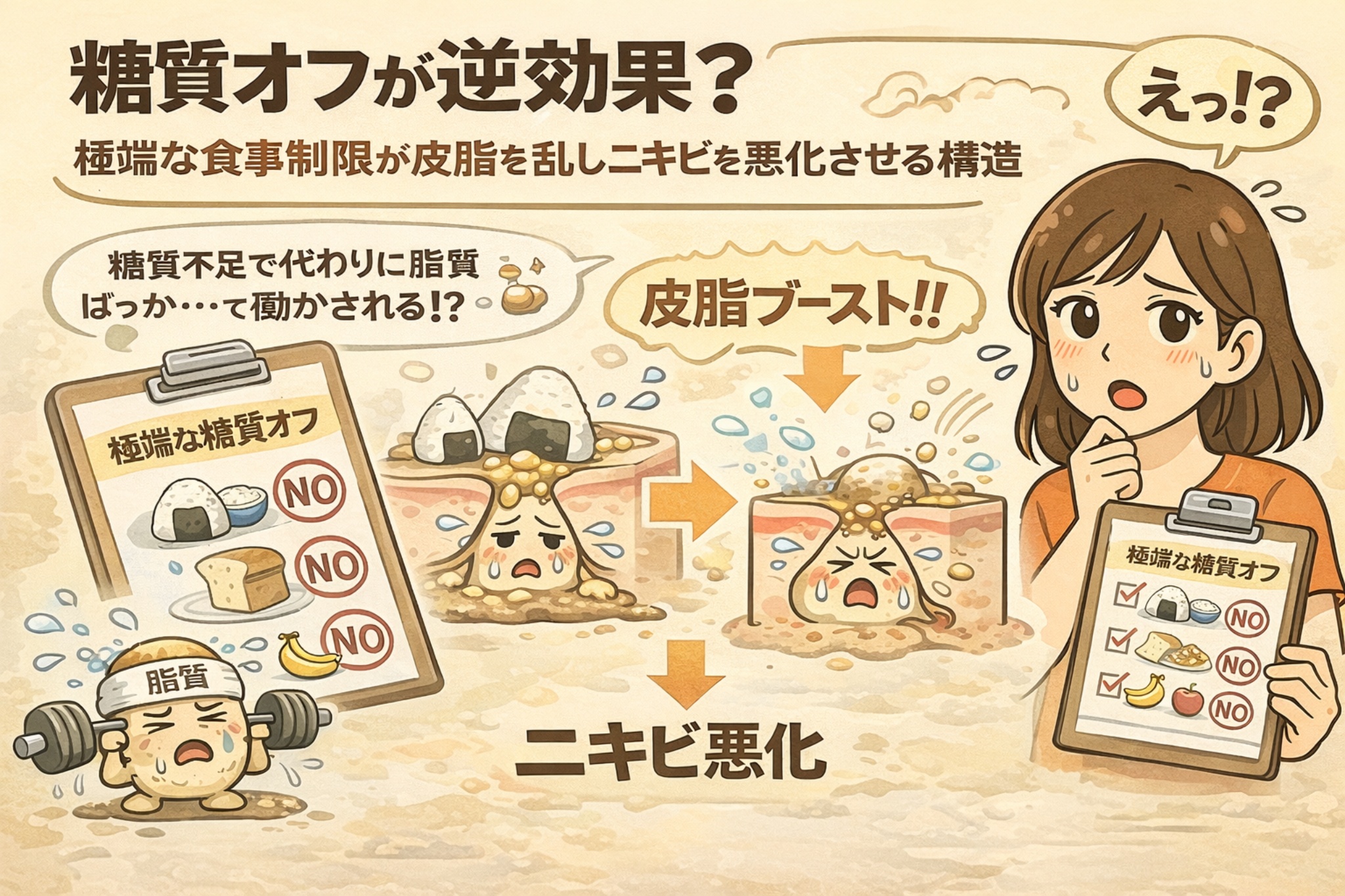 極端な糖質オフが皮脂分泌を乱し、ニキビを悪化させる可能性を解説するイラスト。糖質を制限しすぎることで体が代わりに脂質を使おうとし、皮脂が過剰に分泌される流れを毛穴断面図で表現。チェックリストを持って驚く女性と、皮脂ブーストによってニキビが悪化する構造が分かりやすく描かれている。
