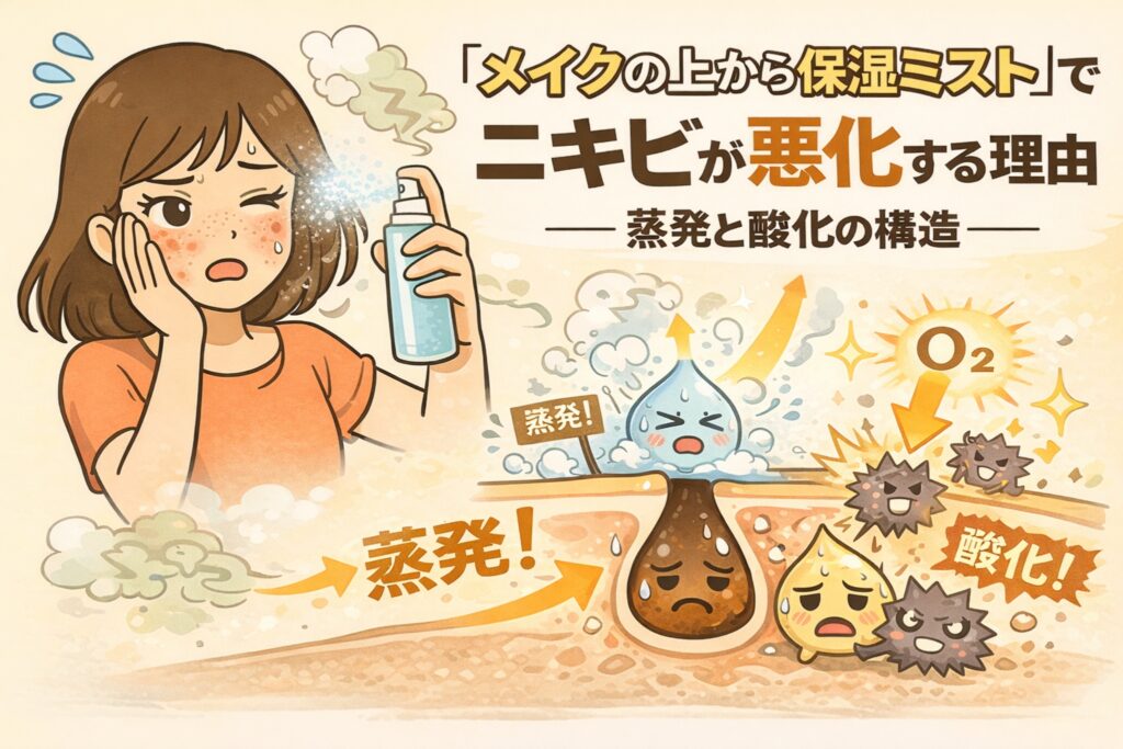メイクの上から保湿ミストを使うことでニキビが悪化する理由を解説したイラスト。ミストによる蒸発で水分が奪われ、皮脂が酸化して毛穴内の炎症が進む仕組みを、悩む女性と毛穴断面図、擬人化キャラクターで分かりやすく表現している。