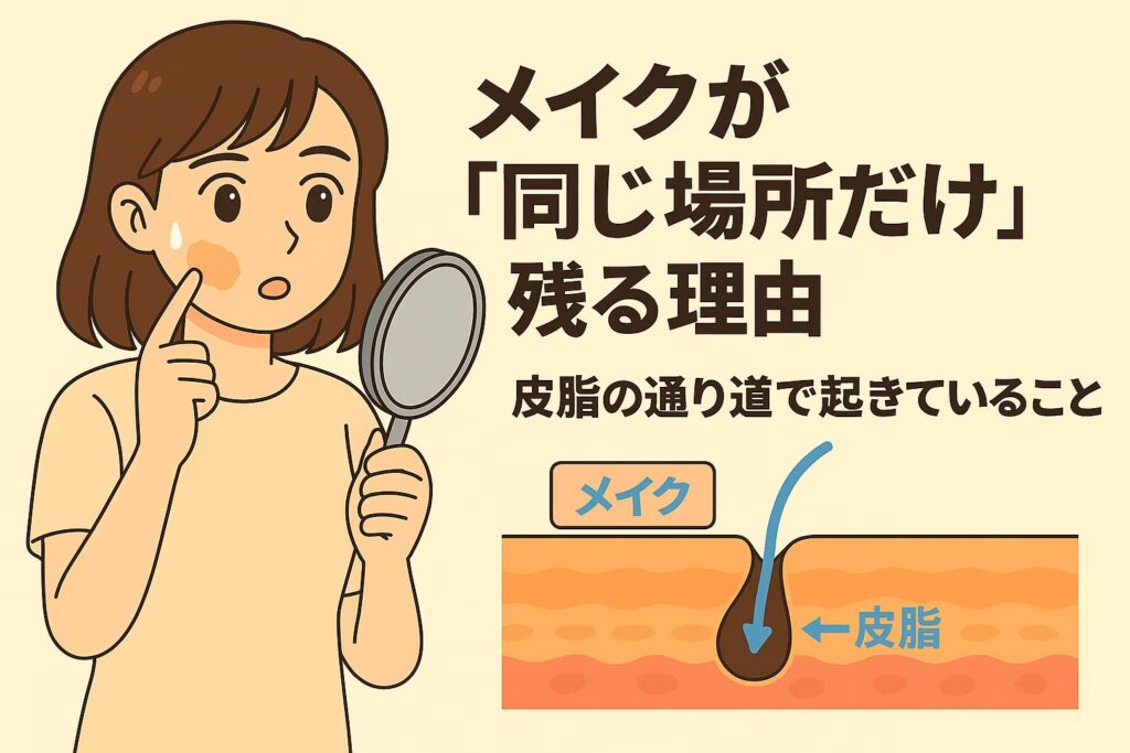 「メイクが“同じ場所だけ”残る理由」を説明するイラスト。左側では女性が鏡を持ち、頬の一部だけメイクが残っていることに驚いた表情をしている。右側には皮膚断面図が描かれ、メイクが皮脂の通り道に沿って動き、特定の場所に集まりやすい様子が矢印で示されている。皮脂の流れがメイク崩れに影響する仕組みを視覚的に説明する構成。