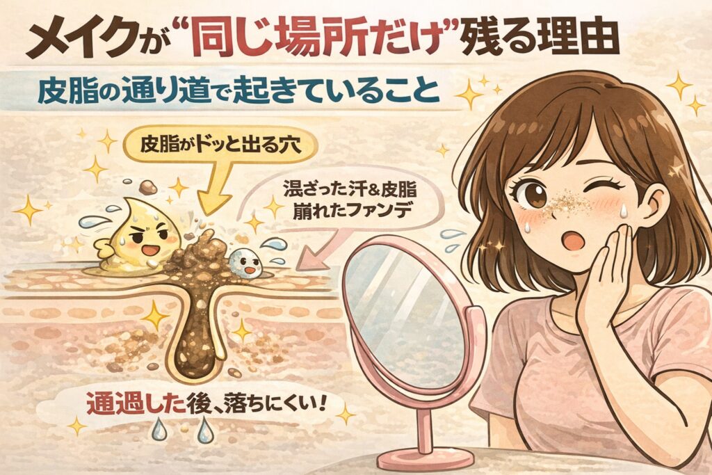 メイクが同じ場所だけ残ってしまう理由を、皮脂の通り道という構造視点で解説したイラスト。皮脂が集中して出やすい毛穴から汗や皮脂が混ざってファンデーションが崩れ、通過した後は落ちにくくなる仕組みを、毛穴断面図と鏡を見る女性の表情で示している。