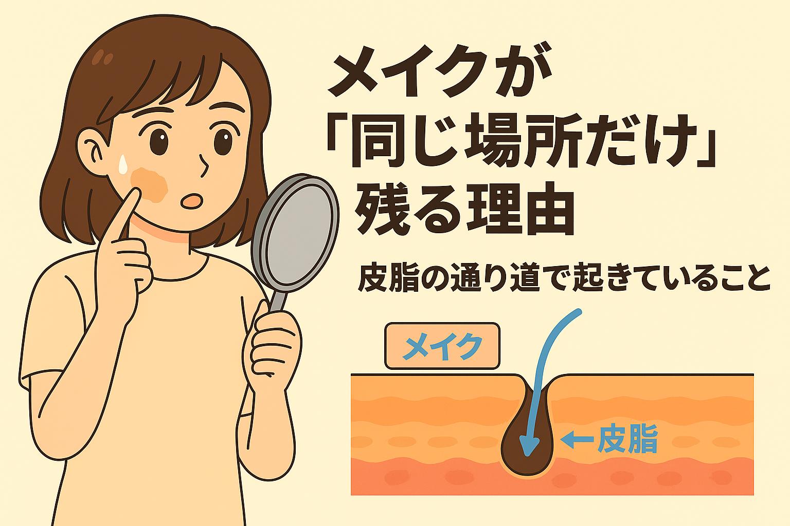 「メイクが“同じ場所だけ”残る理由」を説明するイラスト。左側では女性が鏡を持ち、頬の一部だけメイクが残っていることに驚いた表情をしている。右側には皮膚断面図が描かれ、メイクが皮脂の通り道に沿って動き、特定の場所に集まりやすい様子が矢印で示されている。皮脂の流れがメイク崩れに影響する仕組みを視覚的に説明する構成。