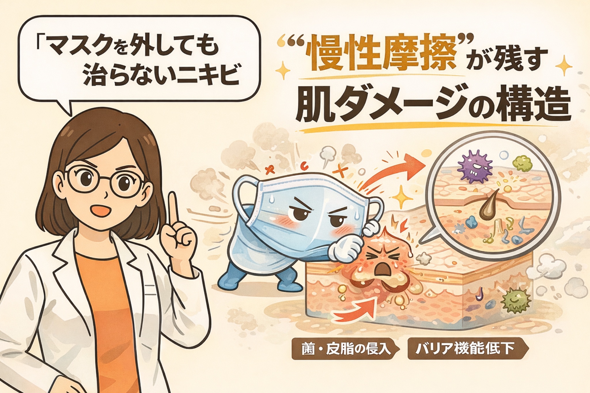 マスクを外しても治らないニキビの原因として、マスク着用による“慢性摩擦”が肌に与えるダメージ構造を解説したイラスト。白衣の女性が説明し、マスクの擬人化キャラクターが肌をこすり続けることで、角質層のバリア機能が低下し、皮脂や菌が侵入して炎症やニキビが起こる仕組みを、毛穴断面の拡大図と矢印で視覚的に示している。