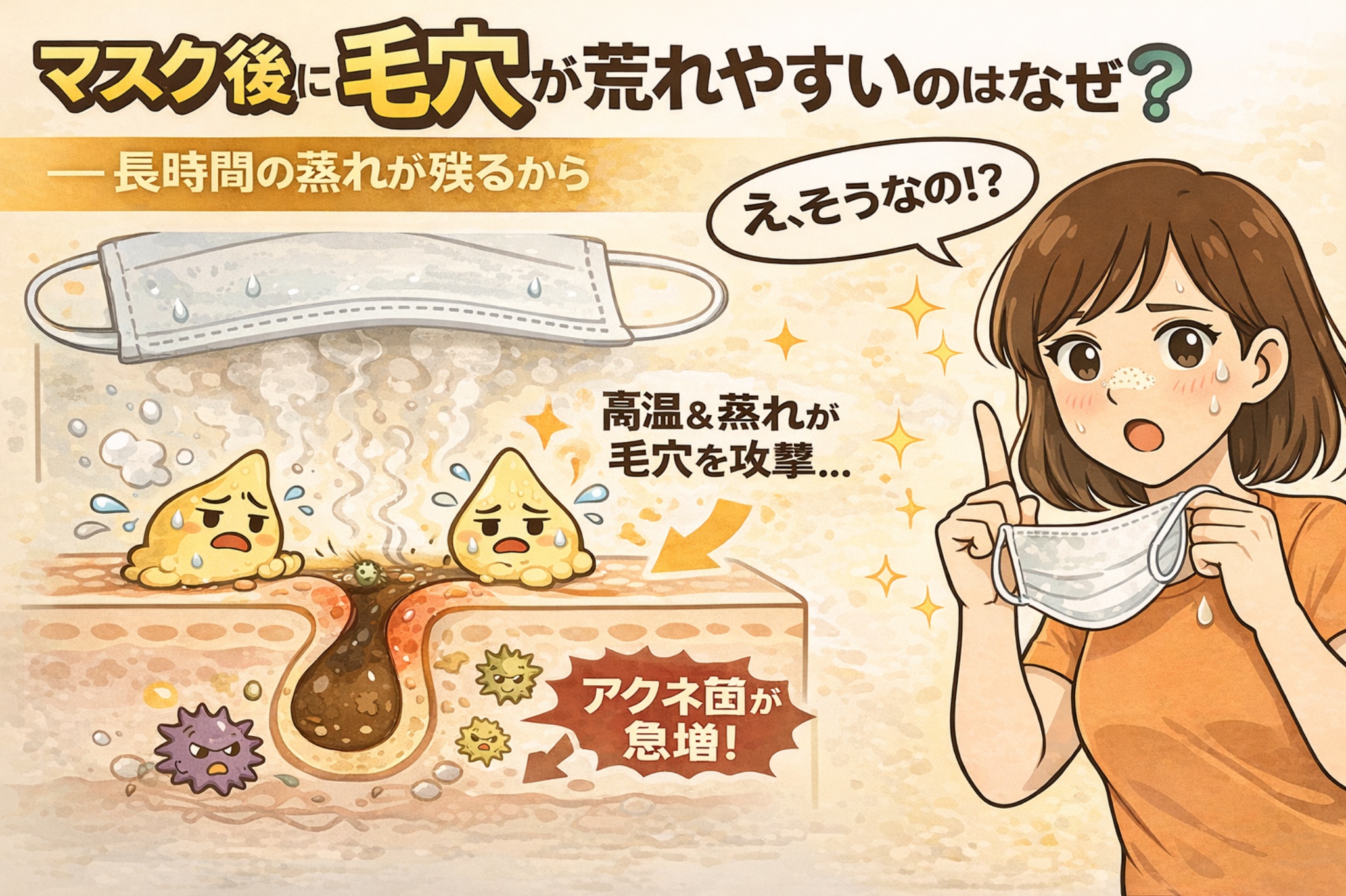 マスク着用後に毛穴が荒れやすくなる理由を解説したイラスト。長時間の蒸れによる高温多湿環境が毛穴に負担をかけ、皮脂の乱れやアクネ菌の増殖を招く様子を、毛穴断面図と擬人化キャラクターで表現。マスクを外して驚く女性が、蒸れと毛穴トラブルの関係を理解する構図。